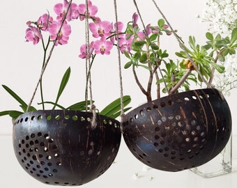 Set 2 Pcs pots for plants indoor, Handicraft Coconut Shell Hanging Planter Pots/pots for plants indoor with drainage/pots hanger.