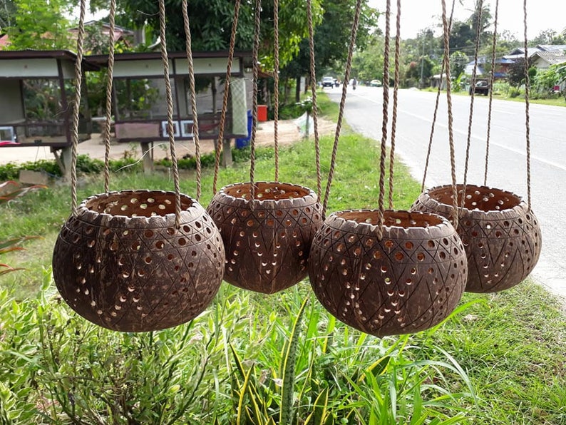 Set 4 Pcs Coconut Shell Hanging Pots Planter,Candle Holders,Hanging planter,hanging planter indoor,pots for plants,hanging planter Unique