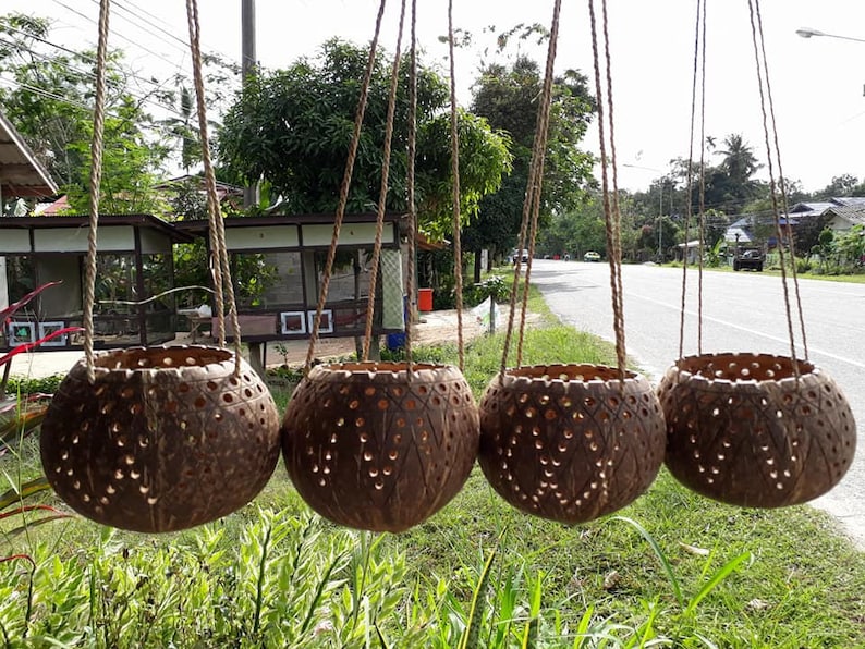Set 4 Pcs Coconut Shell Hanging Pots Planter,Candle Holders,Hanging planter,hanging planter indoor,pots for plants,hanging planter Unique