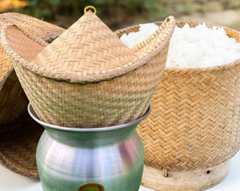 Set of Sticky Rice Steamer Pot Bamboo Basket with Lid.