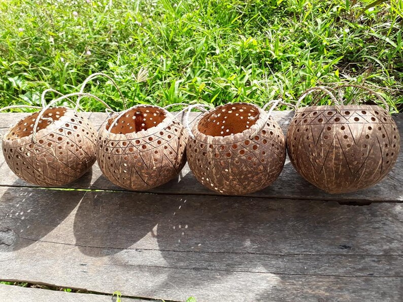 Set 4 Pcs Coconut Shell Hanging Pots Planter,Candle Holders,Hanging planter,hanging planter indoor,pots for plants,hanging planter Unique