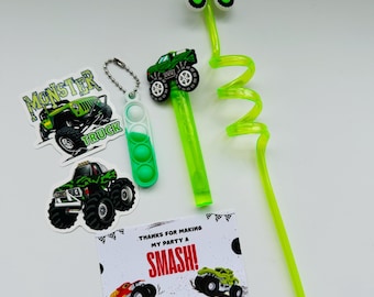 1 Monster Truck Party Favor Kit Comes with 1 Straw, 1 Bubble Wand, 1 Pop Fidget Toy, 2 Monster Truck Stickers and a Thank you Note