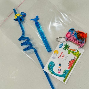 1 Dinosaur Party Favor Kit Comes with 1 Straw, 1 Bubble Wand, and 1 Dinosaur Pop Fidget Toy, and One Thank you Note, Dinosaur Birthday Favor