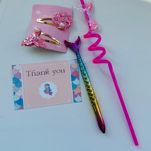 1 Mermaid Party Favor Kit Comes with 1 Straw 1 Mermaid Pen 1 Mermaid Hair Clip and One Thank you Note, Mermaid Party Goodie Bag, Ocean Theme