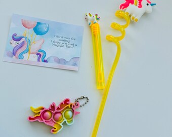 1 Unicorn Party Favor Kit Comes with 1 Straw, 1 Bubble Wand, 1 Unicorn Pop Fidget Toy, and One Thank you Note, Unicorn Party Goodie Bag