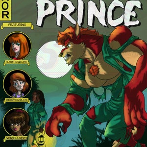 Puede incluir: Una portada de cómic con un hombre lobo rojo y verde en la parte delantera. El título del cómic es "The Werewolf Prince" y la portada presenta el texto "Featuring Claire Ecarlate, Sherry Ecarlate, Gabriela Casti" y "By Sorbet Mystery".