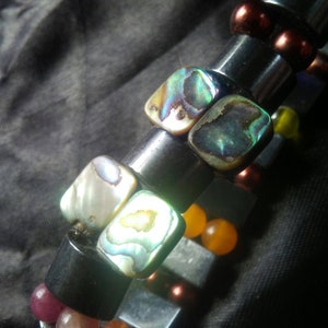 Abalone, Dark Copper Colored Pearls and Hematite Stretch Elastic Rainbow Gemstone Pride Bracelet image 7