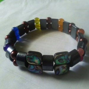 Abalone, Dark Copper Colored Pearls and Hematite Stretch Elastic Rainbow Gemstone Pride Bracelet image 1