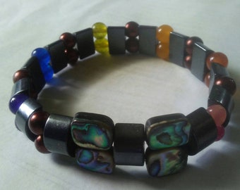 Abalone, Dark Copper Colored Pearls and Hematite Stretch Elastic Rainbow Gemstone Pride Bracelet