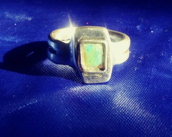 Modern Primative Iridescent Ring - Rectangular Faceted Ethiopian Rainbow Opal in Asymmetrical Industrial Sterling Silver Band - US size 8