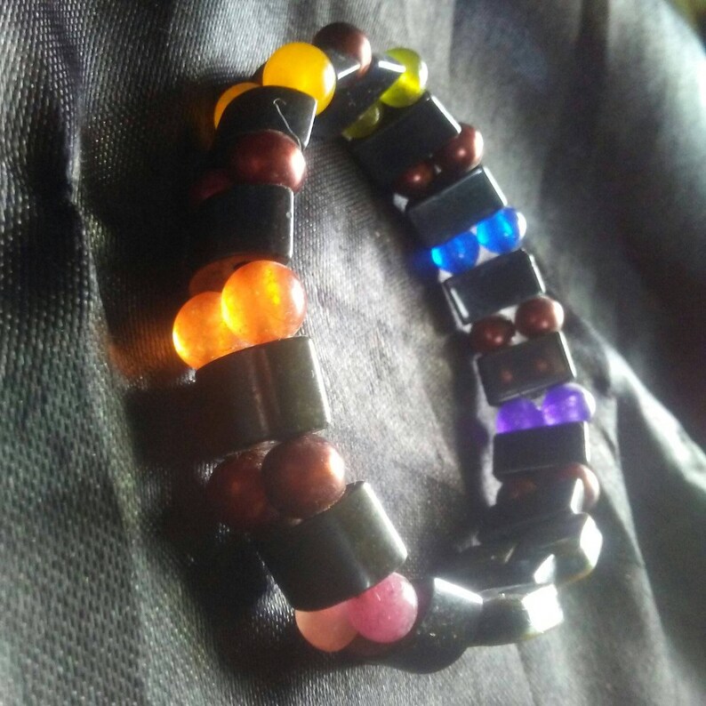 Abalone, Dark Copper Colored Pearls and Hematite Stretch Elastic Rainbow Gemstone Pride Bracelet image 8