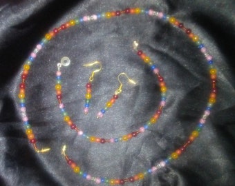 Juego de joyas Rainbow Gay Pride de 3 piezas: aretes, pulsera y collar de piedras preciosas de colores arcoíris