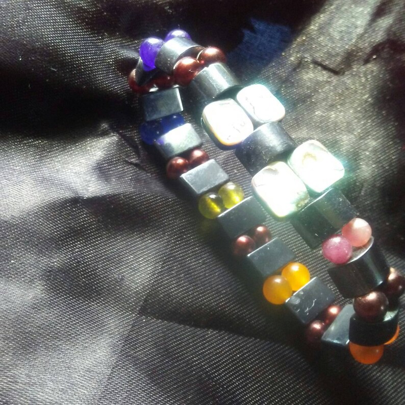 Abalone, Dark Copper Colored Pearls and Hematite Stretch Elastic Rainbow Gemstone Pride Bracelet image 5
