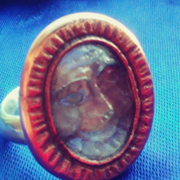 Man in the Moonstone Ring - Hand Carved "Man in the Moon" Moonstone Face with Copper Moon-Ray Bezel on Sterling Silver Band - US size 9 1/4
