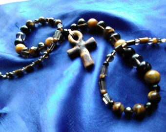 Ankh of the Tiger Necklace - Hand-Carved Ancient Egyptian-Style Tiger Eye Ankh on Beaded Tiger Eye, Smokey Quartz and Black Jasper Necklace