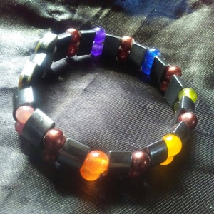 Abalone, Dark Copper Colored Pearls and Hematite Stretch Elastic Rainbow Gemstone Pride Bracelet image 2