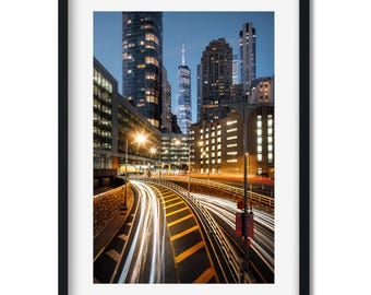 Light Trails in Lower Manhattan at Night - New York Cityscape Photography Color Fine Art Print, New Yorker Wall Art