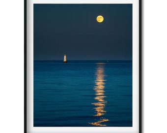 Moon Rising over Great Beds Lighthouse in New Jersey - Lighthouse Photography Color Fine Art Print, Wall Art