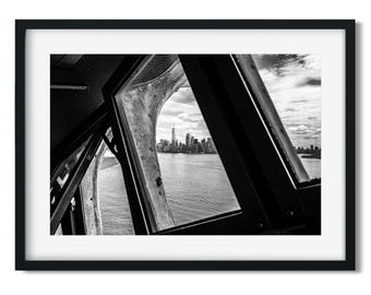Cityscape View through the Crown of Statue of Liberty - New York Architecture Black and White Fine Art Print, New Yorker Wall Art