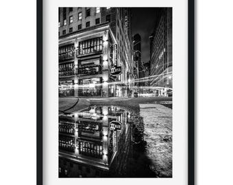 Lower Manhattan Broad Street Reflection at Night - New York Cityscape Photography Black and White Fine Art Print, New Yorker Wall Art