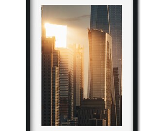 Sunset reflected Lower Manhattan - New York Cityscape Photography Color Fine Art Print, New Yorker Wall Art