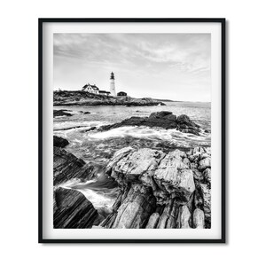 Faro de Portland, Maine - Fotografía de faro, impresión artística en blanco y negro, arte mural