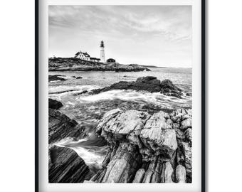Portland Head Light in Maine - Lighthouse Photography Black and White Fine Art Print, Wall Art