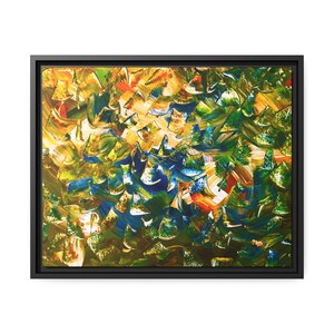 Puede incluir: Pintura abstracta con una mezcla de colores verdes, azules, amarillos y naranjas. La pintura está enmarcada en un marco negro.