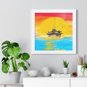 Sunrise Oil Rig Painting Poster, Industrial Wall Art, Rustic Home Decor, Oil Drilling Gift, Offshore Rig Painting, Man Cave Decoration