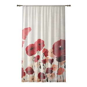 Raamgordijn met rode klaprozen | Cottage Core Boho bloemen transparant raampaneel | Onderdeel van Designer Home Decor Collection | Vintage chill-sfeer