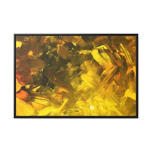 Puede incluir: Pintura abstracta con pinceladas audaces en tonos amarillos, naranjas y marrones. La pintura tiene una superficie texturizada y un estilo contemporáneo.