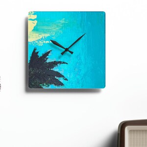 Wall Clock Fun Retro Original Artwork, &quot;Santa Cruz&quot;, thick Acrylic with glass like appearance - sturdy, durable, ready to hang, gift for mom