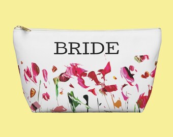 Bride's Bridal Crew Floral Accessory Bag, T-bottom, Unique Boho Design from Original Artwork, Beautiful Abstract Pink and Red Paper Flowers