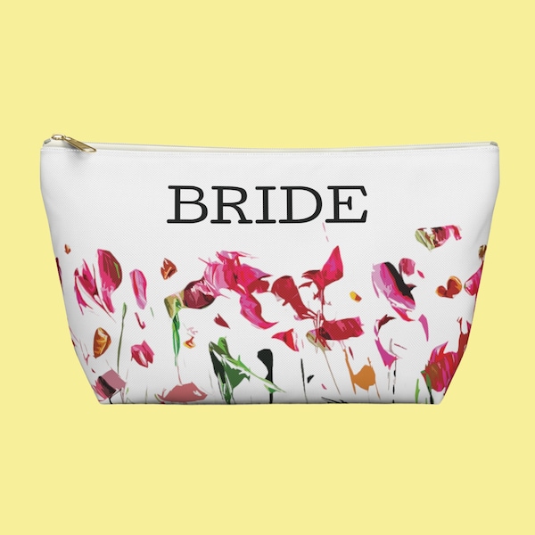 Bride's Bridal Crew Floral Accessory Bag, T-bottom, Unique Boho Design from Original Artwork, Beautiful Abstract Pink and Red Paper Flowers