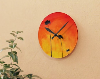 Sunburst Palm Tree Acrylic Wall Clock: Tropical Coastal Decor