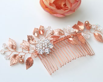 Rose gold bridal hair comb, Grecian hair comb, diamante comb, leaf hair comb, wedding hair accessories, crystal hair piece, bridal jewelry