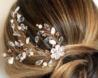 Bridal hair pins, rose gold hair pins, diamante hair pins, set of bridal hair pins, wedding hair pins, pearl hair pin, bridal hair accessory