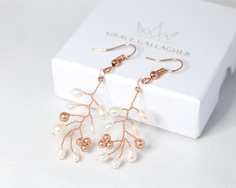 Rose gold bridal earrings, bridal earrings, rose gold earrings, pearl earrings, bridal dangle earrings, real pearl earrings, bridal jewelry