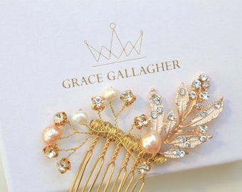 Diamante hair comb, small hair comb, bridal hair comb, gold hair comb, pink hair comb, bridesmaid hair accessory, pearl hair comb