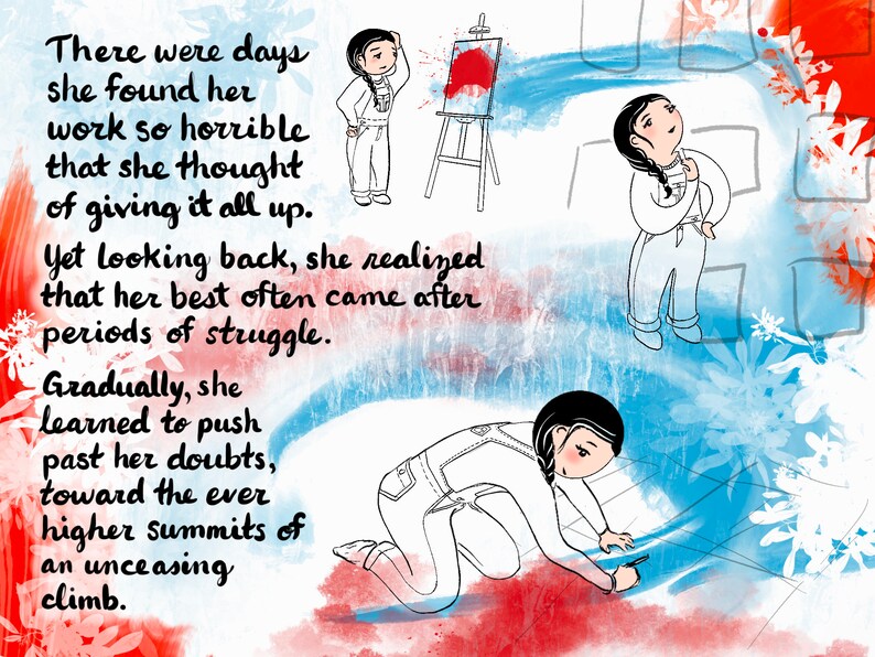 Może przedstawiać: Czarno-biała ilustracja osoby zmagającej się ze sztuką, po kt&oacute;rej następuje osoba odnosząca sukces. Tekst brzmi: "Były dni, kiedy uważała swoją pracę za tak okropną, że myślała o porzuceniu wszystkiego. Jednak patrząc wstecz, zdała sobie sprawę, że jej najlepsze momenty często przychodziły po okresach walki. Stopniowo nauczyła się przekraczać swoje wątpliwości, w kierunku coraz wyższych szczyt&oacute;w nieustającego wspinania się."