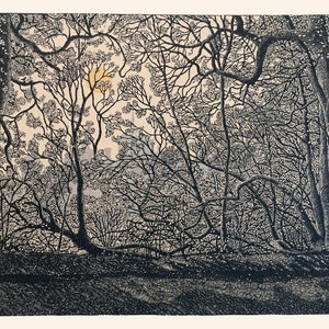 Blickling Through The Trees 2. Linocut. (black/blue/cream/grey version)