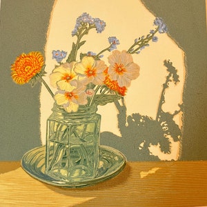 Dandelion and Primrose, linocut. Limited Edition Print.