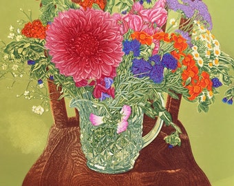 Glass Jug Bouquet, Multilayer Linocut