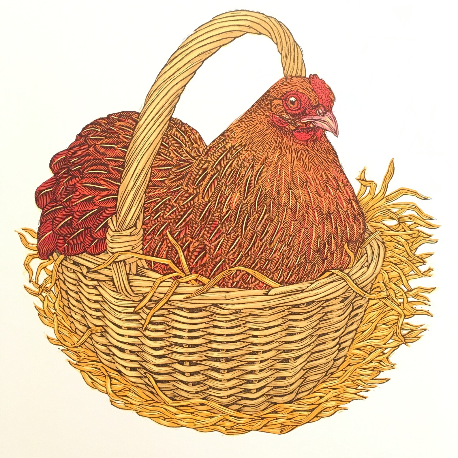 Hen in a Basket Linocut Etsy Canada