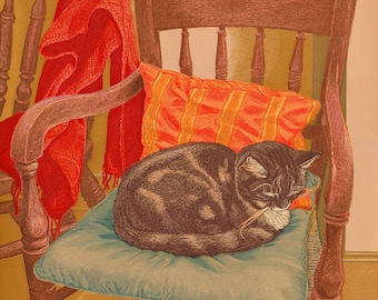 Helen Sleeping on Millie's Chair, Linocut. Unframed Limited Edition Print.