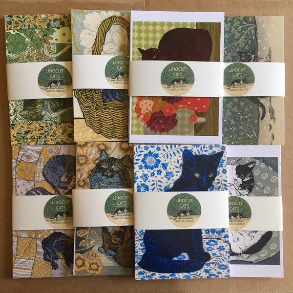 CAT LINOCUT POSTCARDS. A set of 8 Premium Glossy Postcards