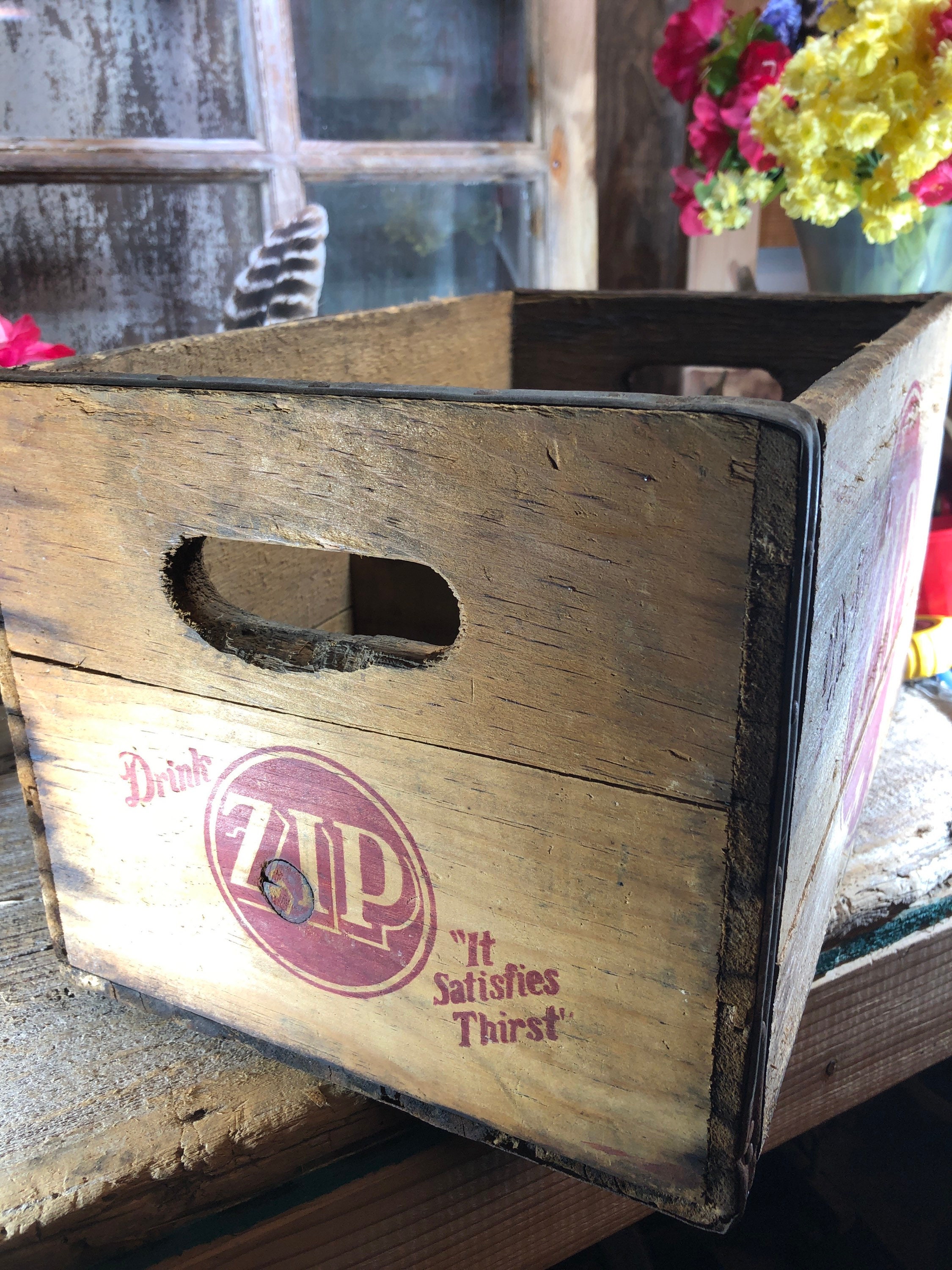 Vintage Wood Crate, Wood Box. Drink Zip It's Satisfying, Pop Case