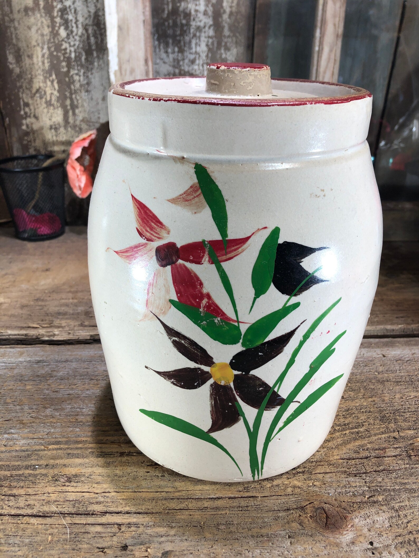 Vintage Crock / Cookie Jar Farmhouse Find. Hand Painted Etsy