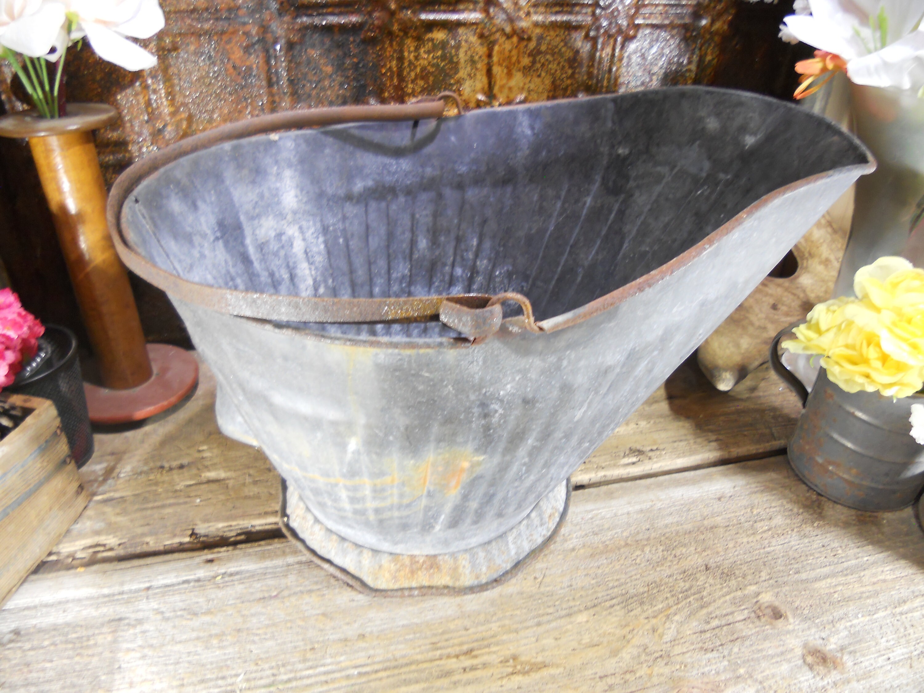 Vintage Galvanized ash coal pail garden bucket Flower Etsy