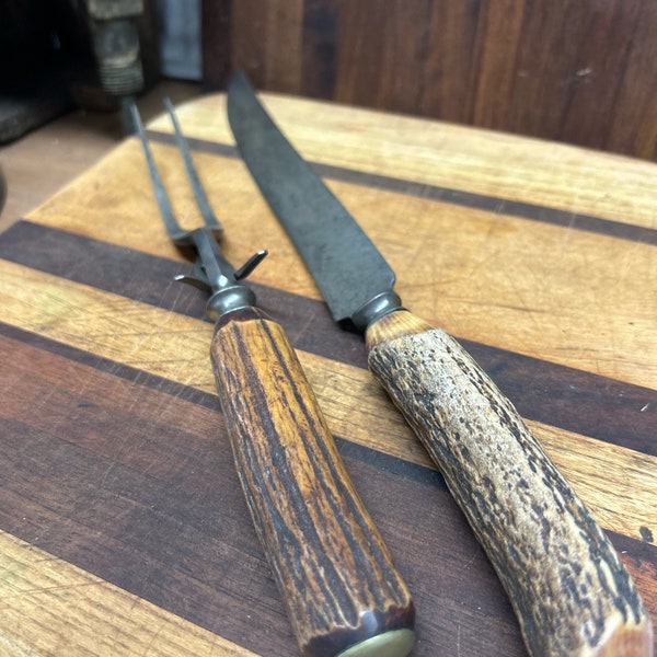 vintage stag handle Carver set kitchen  butcher knife,, fork, stag handles,  cabin decor
